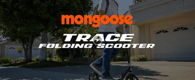 Uses the Mongoose logo and a lifestyle video thumbnail to introduce the Trace Folding Scooter and build brand recognition.