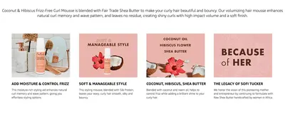 Presents four benefits and the brand legacy in one grid so shoppers can scan why the mousse works.
