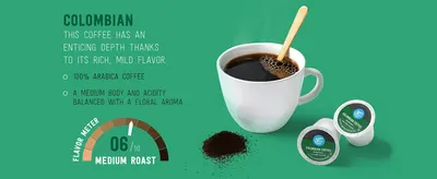 Uses a 06/10 flavor meter to quantify the medium roast intensity so shoppers know what to expect. Describes the Colombian blend's rich, mild flavor and floral aroma to help shoppers choose this roast.