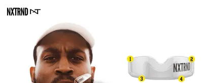 Points out the physical zones of the mouth guard to explain its construction. Highlights multiple design features of the mouth guard via numbered callouts to build confidence in fit and quality.