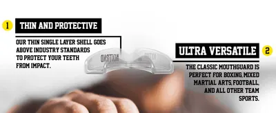 Highlights the mouthguard's thin protective shell and its versatility across multiple sports in two segmented callout panels.