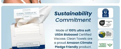 Shows biobased material and Climate Pledge Friendly certifications to reassure eco-conscious shoppers. Presents one clear message, a sustainable ultra soft towel, over a clean product shot.