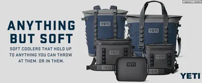 Positions YETI soft coolers as rugged and durable while showcasing the range of sizes and accessories available.