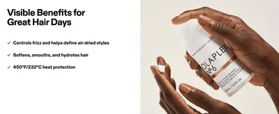 Lists the main smoothing and hydrating benefits next to the product in use, so shoppers see what it does for hair.