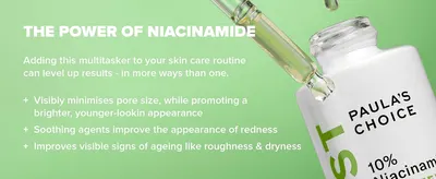 Explains what niacinamide does for skin so shoppers trust the serum will improve pores, redness and signs of ageing.