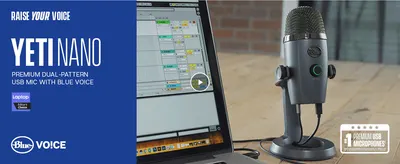 Introduces the Yeti Nano as a premium dual-pattern USB mic with Blue Voice software, reinforced by an Editor's Choice award badge to build early credibility.