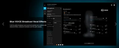 Highlights the included Blue VO!CE software that lets users craft and customize their broadcast vocal sound with effects and presets.