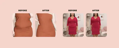 Proves the shapewear's slimming effect by showing two real before/after comparisons, both close-up and in a full outfit.