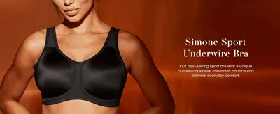 Introduces the bra by name and highlights its unique outside underwire for reduced bounce and everyday comfort.
