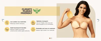 Shows the product is Climate Pledge Friendly to reassure eco-minded shoppers. Lists four sustainability benefits in a segmented layout to show the product is low-carbon, durable and washable.