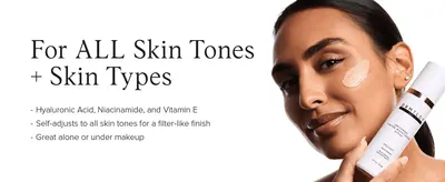 Reassures shoppers that the tint adjusts to any skin tone and type, shown on a real model.