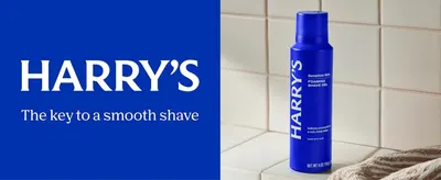 Introduces the Harry's brand and its smooth-shave promise beside the product to build recognition and trust.