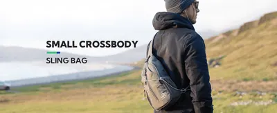 Introduces the small crossbody sling bag worn outdoors, so shoppers picture it on a hike or trip.