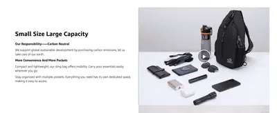 Shows the bag holds many everyday items despite its small size, with a carbon-neutral note for reassurance.