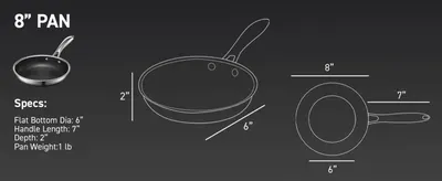 Shows the exact physical dimensions and weight of the 8-inch pan using labeled measurement lines.