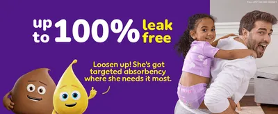 Leads with an up-to-100% leak-free claim to reassure parents the product delivers on absorbency where it matters most. Explains that targeted absorbency zones protect where girls need it most,…