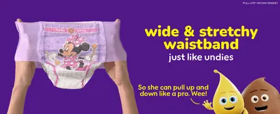 Reassures parents the training pants stretch and pull up/down like real underwear, supporting a child's independence.