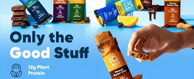 Uses the 'Only the Good Stuff' headline and a 12g plant protein callout to promote the bar's clean nutrition.