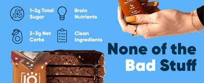 Lists low sugar, low net carbs, brain nutrients and clean ingredients to reassure health-conscious shoppers.