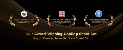Reinforces credibility and quality of the cooling sheet set through award badges and quoted endorsements from recognized publications.