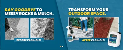 Contrasts loose, messy gravel and mulch with a clean, bonded finish after applying Easihold to prove visible results.