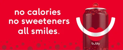 Reassures shoppers the product is a guilt-free treat with no calories or artificial sweeteners. Reinforces the bubly brand identity and playful tone alongside the product benefit.