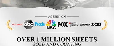 Builds credibility by showing the brand has been featured across recognizable media outlets. Reassures shoppers of popularity and trust using a bold sales figure.
