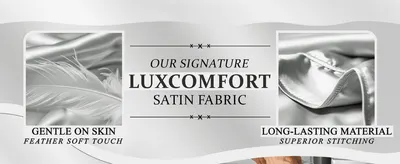 Highlights two material qualities of the satin fabric, softness and durability, in a segmented zoom layout.