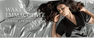 Reassures shoppers the satin sheets are gentle on hair and skin, framed as a luxurious wake-up experience.