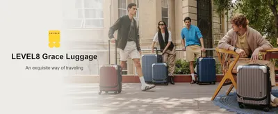 Introduces the LEVEL8 Grace Luggage line with its logo and tagline over a lifestyle travel scene to build brand appeal.