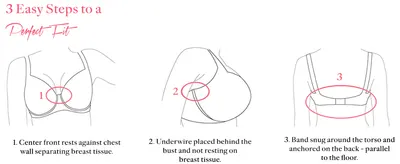 Walks shoppers through three numbered steps to check they have the correct bra fit, building confidence before purchase.