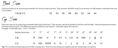 Gives shoppers a measurement chart to find their correct band and cup size, reducing sizing-related returns.