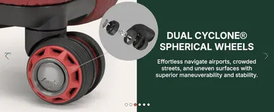 Highlights the engineered wheel mechanism to reassure shoppers of smooth, stable maneuverability. Communicates that the wheel design delivers effortless navigation over varied surfaces.