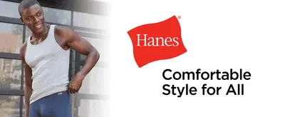 Builds brand recognition and warmth with the Hanes logo and the tagline Comfortable Style for All. Shows a smiling man wearing the product to help shoppers picture themselves in it.