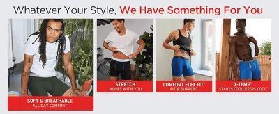 Shows the range of Hanes styles worn by real men to reassure shoppers there is a fit and feel for them. Highlights soft, stretch, flex-fit and cooling benefits in separate panels so each style's…