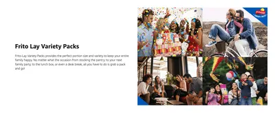 Introduces Frito-Lay Variety Packs and explains they suit many occasions, reassuring shoppers of value and versatility. Shows the variety pack fitting several different occasions to demonstrate its…