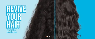 Shows a visible hair transformation to prove the treatment restores dry, damaged hair. Delivers one core promise of reviving hair from the inside out.