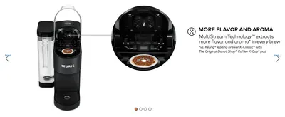 Claims more flavor and aroma per brew so shoppers see the payoff of the brewing tech. Zooms into the brew chamber to show the MultiStream design inside the machine.