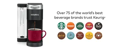 Shows the many popular coffee brands that work with Keurig so shoppers feel confident in pod choice.