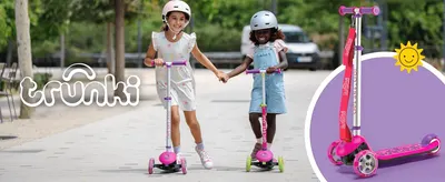 Introduces the Trunki brand with a joyful lifestyle scene of kids using the scooter to build emotional appeal.