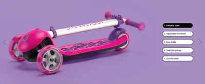 Points out the scooter's key physical components so shoppers understand its build and functionality at a glance. Highlights five distinct product benefits in a segmented callout list to demonstrate…