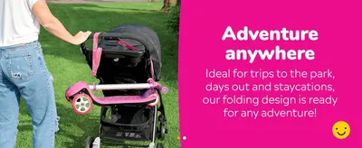 Shows the scooter attached to a stroller during a park outing to communicate that it's convenient and ready for any outing.