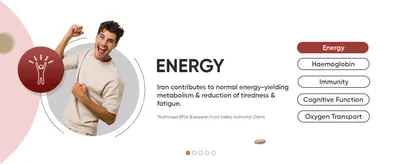 Shows one iron benefit, reduced tiredness and fatigue, backed by an authorised EFSA claim, to build trust.