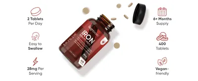 Uses six icon callouts around the bottle to show dose, ease of swallowing, supply length and vegan status at a glance.