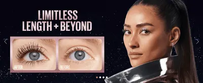 Proves the mascara's lengthening and volumizing effect by showing a real before-and-after eye comparison. Communicates one core benefit claim, dramatic lash length and volume, reinforced by a…