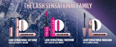 Presents the full Lash Sensational product family side by side so shoppers can compare and choose the right mascara for their desired look.