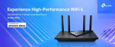 Introduces the router's WiFi 6 performance with a clean hero shot and calls out Alexa compatibility as a key benefit.
