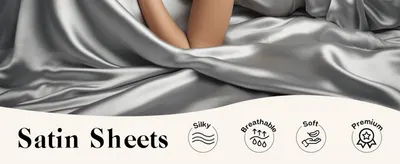 Highlights four qualities of the satin sheets (silky, breathable, soft, premium) alongside a lifestyle fabric shot.