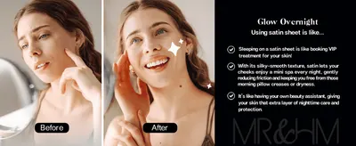 Proves that sleeping on satin sheets visibly reduces morning skin creases and dryness through a side-by-side transformation. Reassures shoppers that the satin texture gives skin a gentle, spa-like…