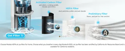 Shows the three-stage filtration process, naming what each filter (carbon, HEPA, preliminary) removes from the air. Highlights three separate filtration benefits side by side to show the product's…